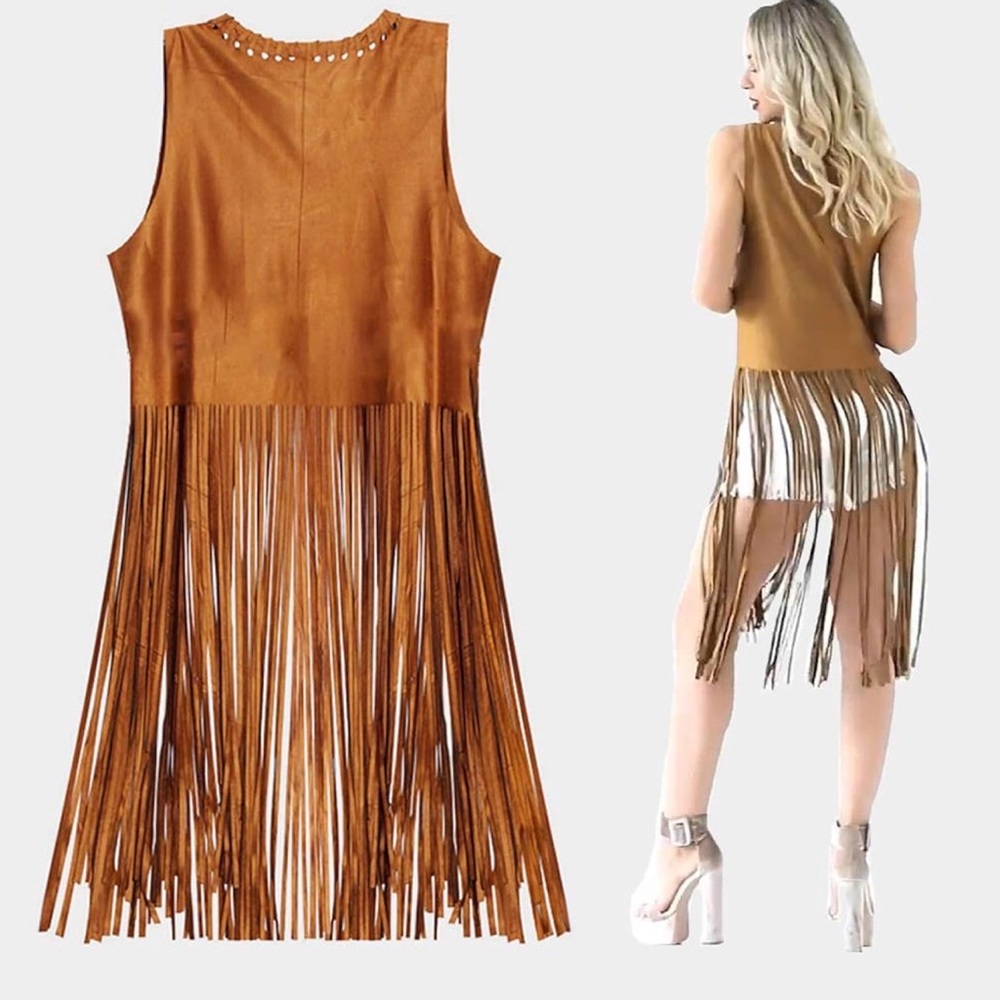 Boho Faux Suede Camel Long Fringe Western Festival Duster ~ Size Large - Picture 13 of 16